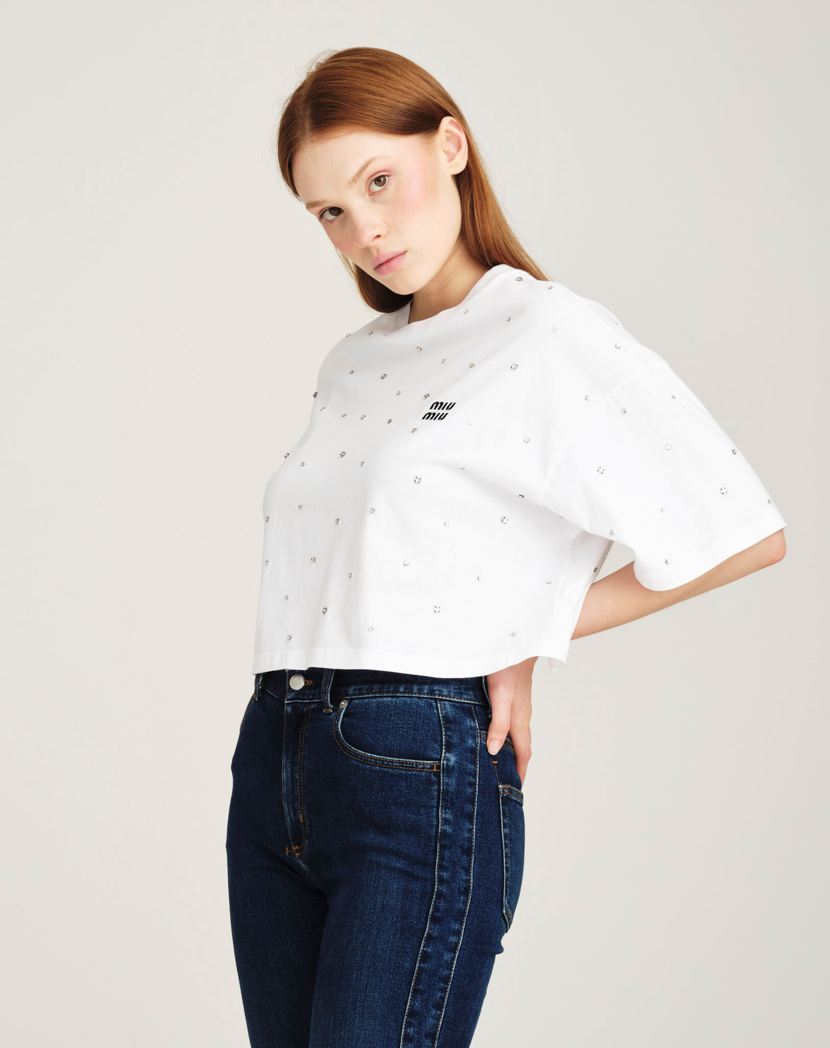 Miu Miu - Logo Crystal Embellished Cropped Tshirt  S